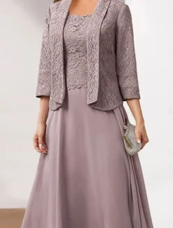 Women's Wedding Guest Cocktail Dress Chiffon Fashion Lace Patchwork Elegant Two Piece Dress Set Fall Winter Midi Dress Crew Neck 3/4 Length Sleeve Plain Loose Fit Pink