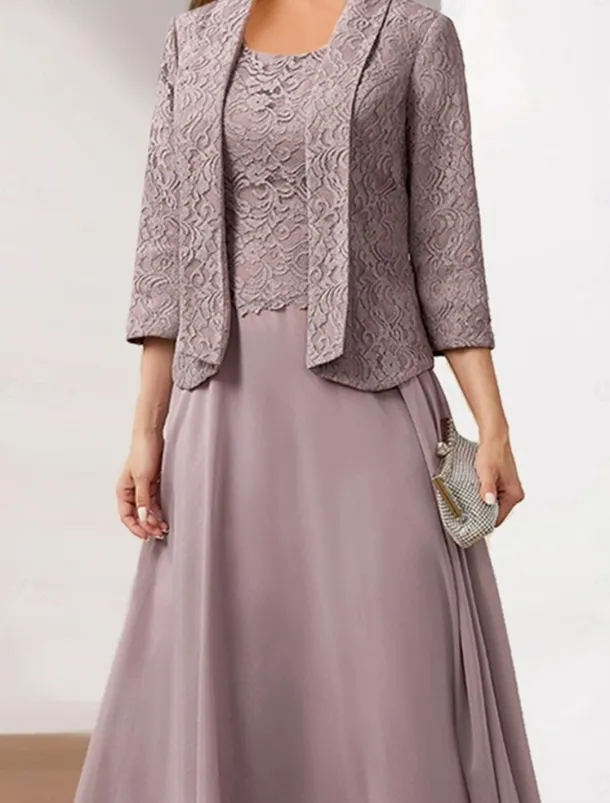 Women's Wedding Guest Cocktail Dress Chiffon Fashion Lace Patchwork Elegant Two Piece Dress Set Fall Winter Midi Dress Crew Neck 3/4 Length Sleeve Plain Loose Fit Pink