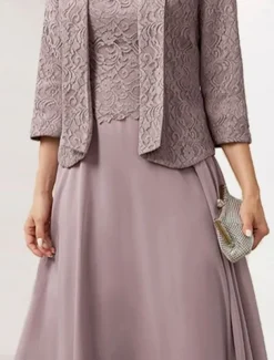 Women's Wedding Guest Cocktail Dress Chiffon Fashion Lace Patchwork Elegant Two Piece Dress Set Fall Winter Midi Dress Crew Neck 3/4 Length Sleeve Plain Loose Fit Pink