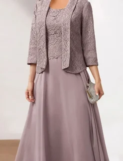 Women's Wedding Guest Cocktail Dress Chiffon Fashion Lace Patchwork Elegant Two Piece Dress Set Fall Winter Midi Dress Crew Neck 3/4 Length Sleeve Plain Loose Fit Pink