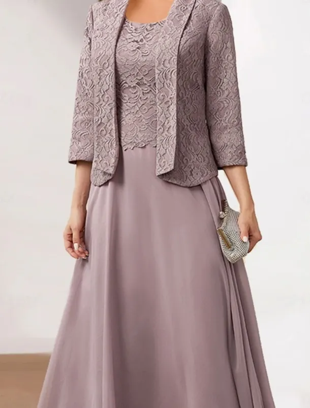 Women's Wedding Guest Cocktail Dress Chiffon Fashion Lace Patchwork Elegant Two Piece Dress Set Fall Winter Midi Dress Crew Neck 3/4 Length Sleeve Plain Loose Fit Pink