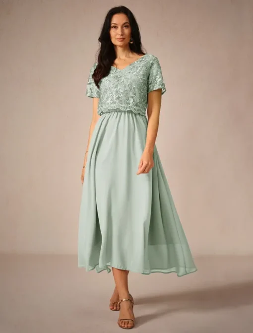 Women's Wedding Guest Cocktail Dress Maxi Dress Contrast Lace Party Elegant Formal V Neck Short Sleeve Pink Green Gray Color