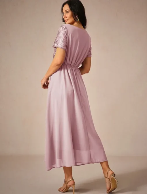 Women's Wedding Guest Cocktail Dress Maxi Dress Contrast Lace Party Elegant Formal V Neck Short Sleeve Pink Green Gray Color