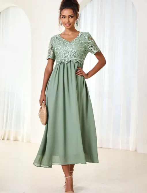 Women's Wedding Guest Cocktail Dress Maxi Dress Contrast Lace Party Elegant Formal V Neck Short Sleeve Pink Green Gray Color