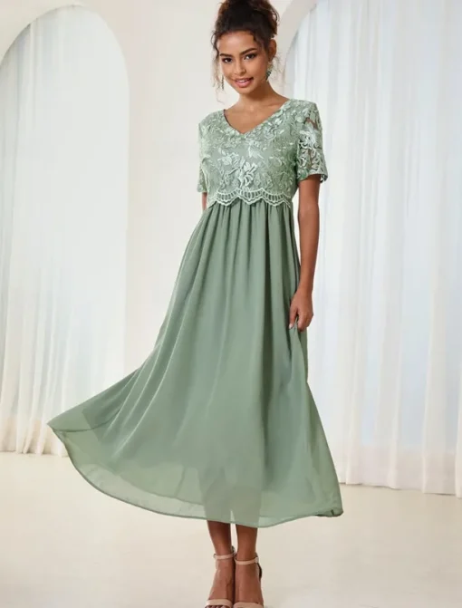 Women's Wedding Guest Cocktail Dress Maxi Dress Contrast Lace Party Elegant Formal V Neck Short Sleeve Pink Green Gray Color