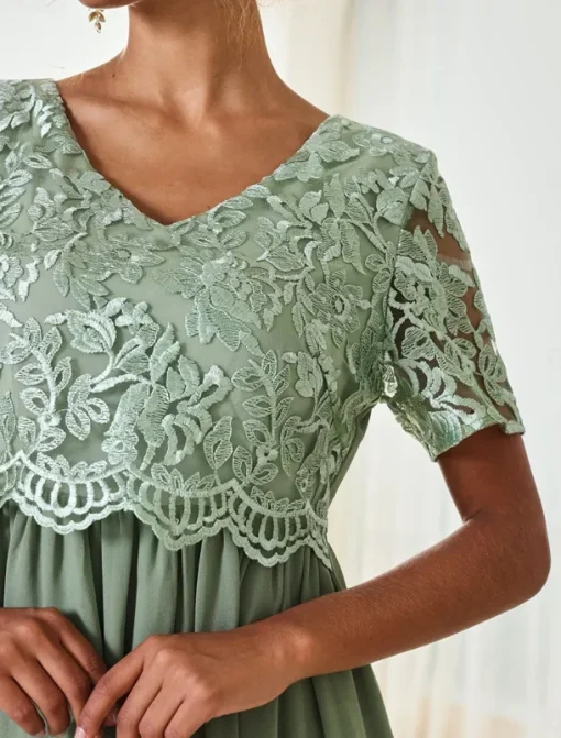 Women's Wedding Guest Cocktail Dress Maxi Dress Contrast Lace Party Elegant Formal V Neck Short Sleeve Pink Green Gray Color