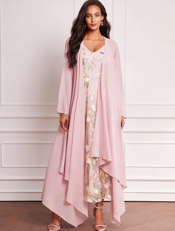 Women's Wedding Guest Dress Set Maxi Dress Chiffon Cardigan Embroidered Date Vacation Elegant V Neck Long Sleeve Pink Color Spring Summer Fall