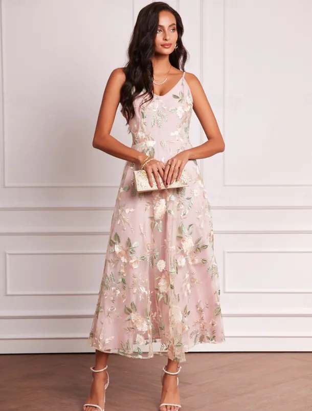Women's Wedding Guest Dress Set Maxi Dress Chiffon Cardigan Embroidered Date Vacation Elegant V Neck Long Sleeve Pink Color Spring Summer Fall