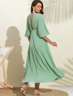 Women's Wedding Guest Dress Maxi Blue V-Neck Dolman Sleeve Pleated Chiffon