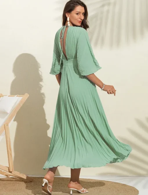 Women's Wedding Guest Dress Maxi Blue V-Neck Dolman Sleeve Pleated Chiffon