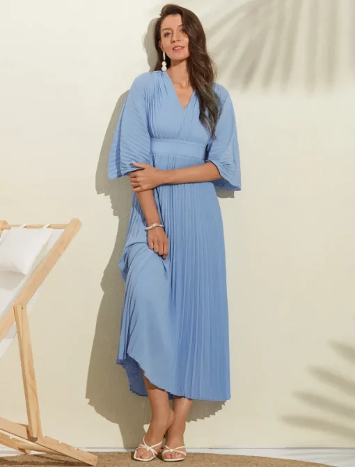 Women's Wedding Guest Dress Maxi Blue V-Neck Dolman Sleeve Pleated Chiffon