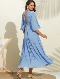 Women's Wedding Guest Dress Maxi Blue V-Neck Dolman Sleeve Pleated Chiffon
