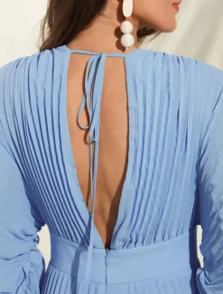 Women's Wedding Guest Dress Maxi Blue V-Neck Dolman Sleeve Pleated Chiffon