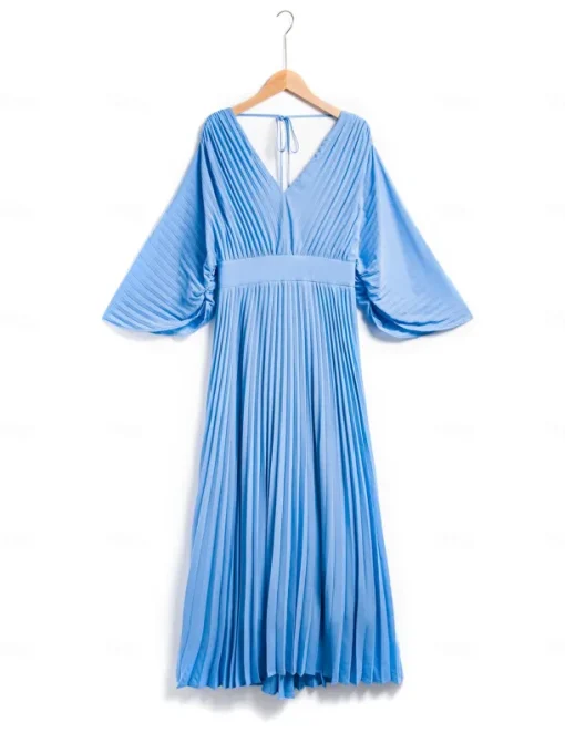Women's Wedding Guest Dress Maxi Blue V-Neck Dolman Sleeve Pleated Chiffon