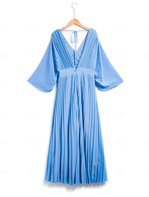 Women's Wedding Guest Dress Maxi Blue V-Neck Dolman Sleeve Pleated Chiffon