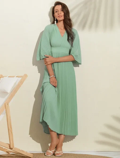 Women's Wedding Guest Dress Maxi Blue V-Neck Dolman Sleeve Pleated Chiffon