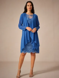 Women's Wedding Guest Jacket Dress Lace Dress Chiffon Dress Cocktail Dresses Formal Dresses Cardigan Ruched Long Sleeve Cocktail Party Blue Spring Summer Fall