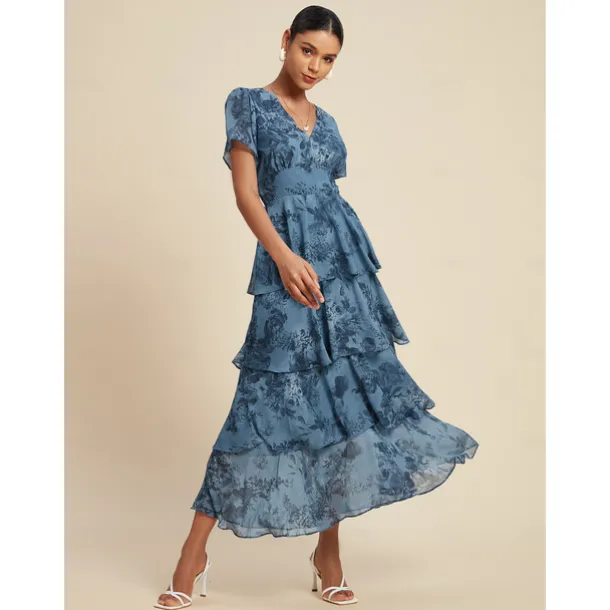 Women's Wedding Guest Party Navy Floral Chiffon Maxi Dress V Neck Vintage Elegant A Line Tiered Ruffle Cake Skirt Elastic Waist and Back Dress