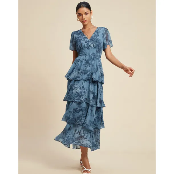 Women's Wedding Guest Party Navy Floral Chiffon Maxi Dress V Neck Vintage Elegant A Line Tiered Ruffle Cake Skirt Elastic Waist and Back Dress