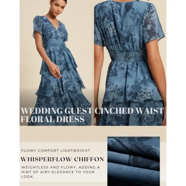 Women's Wedding Guest Party Navy Floral Chiffon Maxi Dress V Neck Vintage Elegant A Line Tiered Ruffle Cake Skirt Elastic Waist and Back Dress