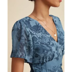 Women's Wedding Guest Party Navy Floral Chiffon Maxi Dress V Neck Vintage Elegant A Line Tiered Ruffle Cake Skirt Elastic Waist and Back Dress