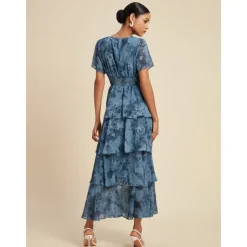 Women's Wedding Guest Party Navy Floral Chiffon Maxi Dress V Neck Vintage Elegant A Line Tiered Ruffle Cake Skirt Elastic Waist and Back Dress