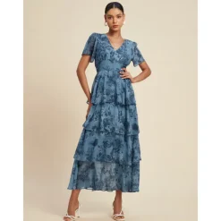 Women's Wedding Guest Party Navy Floral Chiffon Maxi Dress V Neck Vintage Elegant A Line Tiered Ruffle Cake Skirt Elastic Waist and Back Dress