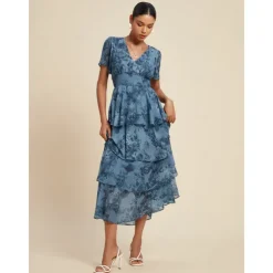 Women's Wedding Guest Party Navy Floral Chiffon Maxi Dress V Neck Vintage Elegant A Line Tiered Ruffle Cake Skirt Elastic Waist and Back Dress