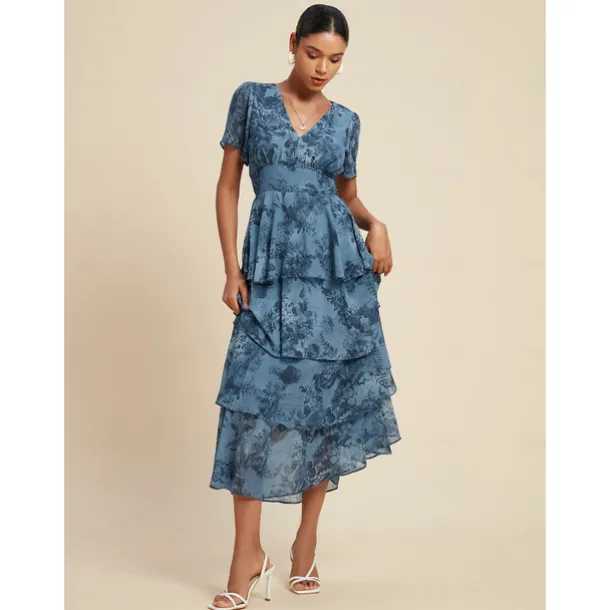 Women's Wedding Guest Party Navy Floral Chiffon Maxi Dress V Neck Vintage Elegant A Line Tiered Ruffle Cake Skirt Elastic Waist and Back Dress