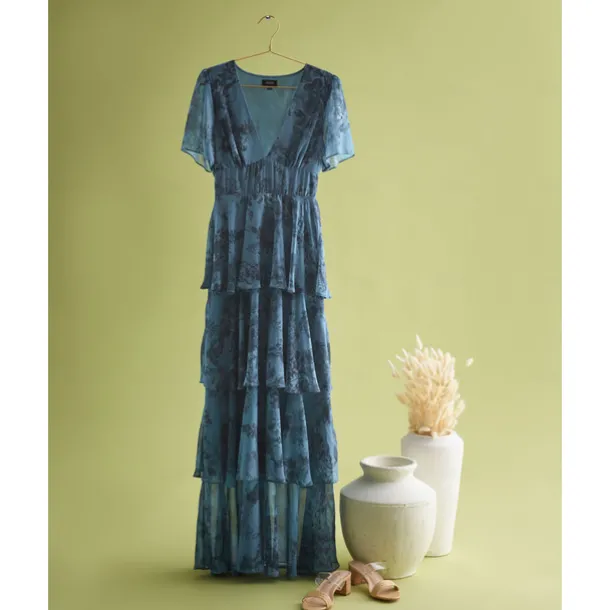 Women's Wedding Guest Party Navy Floral Chiffon Maxi Dress V Neck Vintage Elegant A Line Tiered Ruffle Cake Skirt Elastic Waist and Back Dress