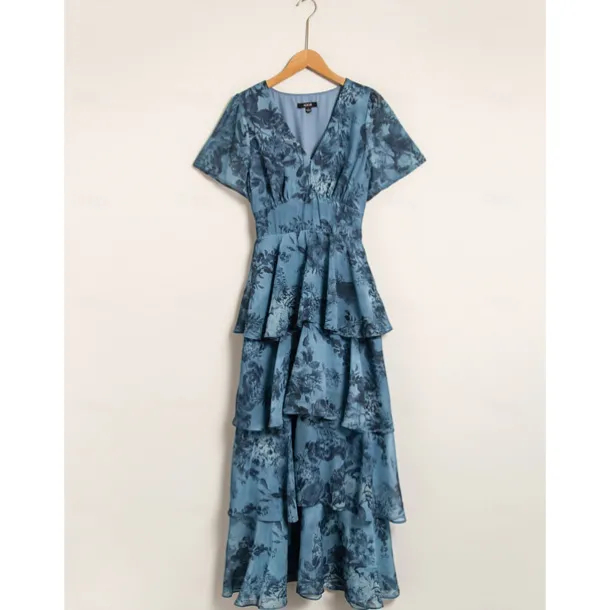 Women's Wedding Guest Party Navy Floral Chiffon Maxi Dress V Neck Vintage Elegant A Line Tiered Ruffle Cake Skirt Elastic Waist and Back Dress