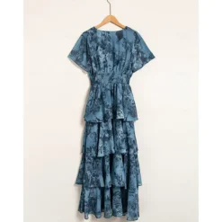 Women's Wedding Guest Party Navy Floral Chiffon Maxi Dress V Neck Vintage Elegant A Line Tiered Ruffle Cake Skirt Elastic Waist and Back Dress