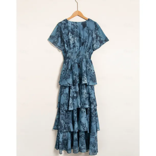 Women's Wedding Guest Party Navy Floral Chiffon Maxi Dress V Neck Vintage Elegant A Line Tiered Ruffle Cake Skirt Elastic Waist and Back Dress