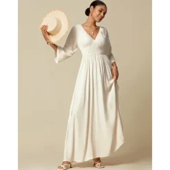Women's Wedding Guest/Party Maxi Dress White Smocked Waist V-Neck 3/4 Sleeve Formal Elegant Dress dress to impress 2024