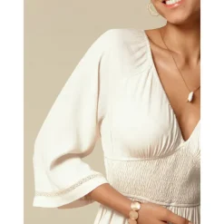 Women's Wedding Guest/Party Maxi Dress White Smocked Waist V-Neck 3/4 Sleeve Formal Elegant Dress dress to impress 2024