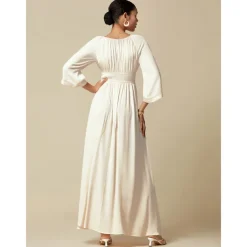 Women's Wedding Guest/Party Maxi Dress White Smocked Waist V-Neck 3/4 Sleeve Formal Elegant Dress dress to impress 2024
