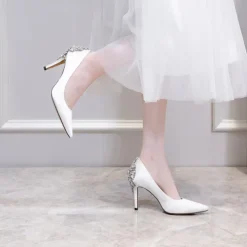 Women's Wedding Shoes Bridal Bridesmaid Pumps Office Dress Elegant White Red Dark Blue Imitation Rhinestones Crystal Satin Pointed Toe High heel Shoes Valentines Gifts Wedding Party Anniversary