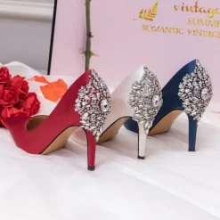 Women's Wedding Shoes Bridal Bridesmaid Pumps Office Dress Elegant White Red Dark Blue Imitation Rhinestones Crystal Satin Pointed Toe High heel Shoes Valentines Gifts Wedding Party Anniversary