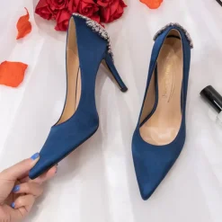 Women's Wedding Shoes Bridal Bridesmaid Pumps Office Dress Elegant White Red Dark Blue Imitation Rhinestones Crystal Satin Pointed Toe High heel Shoes Valentines Gifts Wedding Party Anniversary