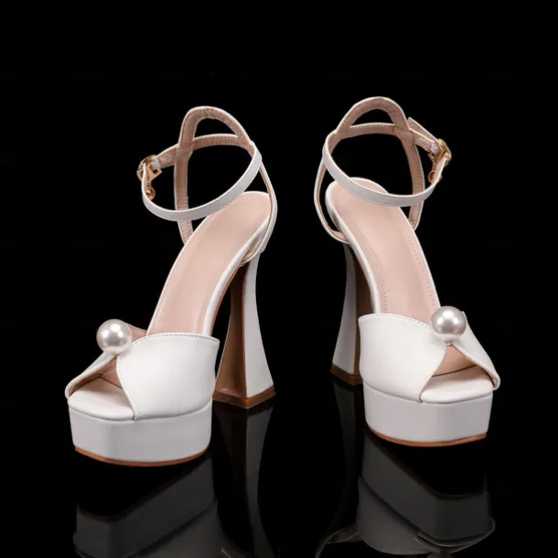 Women's Wedding Shoes White Shoes Dress Shoes Sexy Shoes Wedding Party Hollow-out Imitation Pearl Buckle Platform Round Toe Peep Toe Elegant Fashion Sexy PU Buckle White