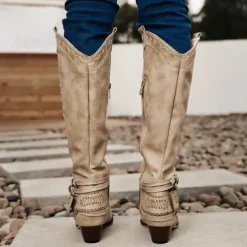 Women's Western Boots with Perforated Buckle Strap and Stitching Detail, Mid-Calf Cowgirl Boots for Casual and Outdoor Wear