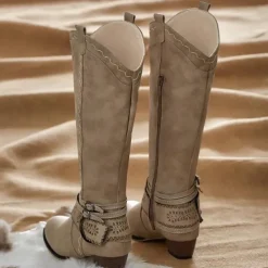 Women's Western Boots with Perforated Buckle Strap and Stitching Detail, Mid-Calf Cowgirl Boots for Casual and Outdoor Wear