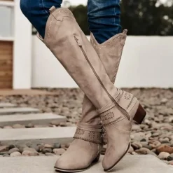 Women's Western Boots with Perforated Buckle Strap and Stitching Detail, Mid-Calf Cowgirl Boots for Casual and Outdoor Wear