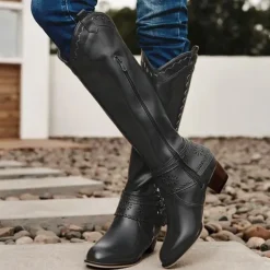 Women's Western Boots with Perforated Buckle Strap and Stitching Detail, Mid-Calf Cowgirl Boots for Casual and Outdoor Wear