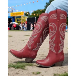 Women's Western Cowboy Boots with Embroidered Design – Stylish Brown Block Heel Boots for Music Festivals, Casual Wear & Outdoor Events