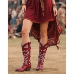 Women's Western Cowboy Boots with Embroidered Design – Stylish Brown Block Heel Boots for Music Festivals, Casual Wear & Outdoor Events