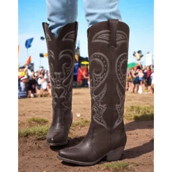 Women's Western Cowboy Boots with Embroidered Design – Stylish Brown Block Heel Boots for Music Festivals, Casual Wear & Outdoor Events