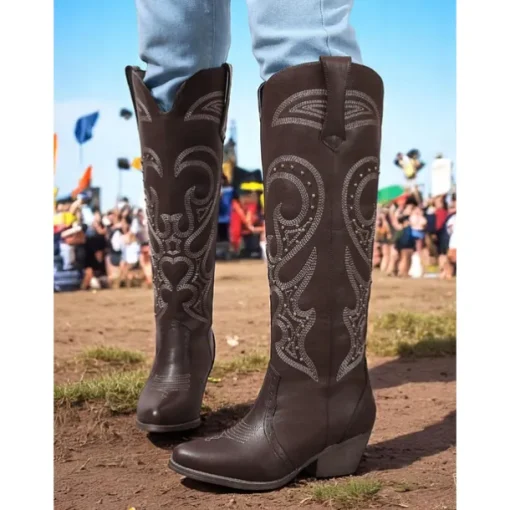 Women's Western Cowboy Boots with Embroidered Design – Stylish Brown Block Heel Boots for Music Festivals, Casual Wear & Outdoor Events