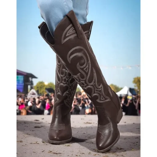 Women's Western Cowboy Boots with Embroidered Design – Stylish Brown Block Heel Boots for Music Festivals, Casual Wear & Outdoor Events