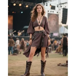 Women's Western Cowboy Boots with Embroidered Design – Stylish Brown Block Heel Boots for Music Festivals, Casual Wear & Outdoor Events